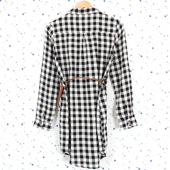 Plaid Shirt Dress with Belt White Black Small - Picture 8 of 8